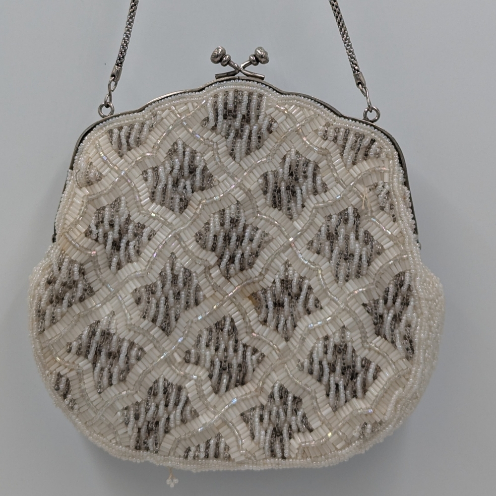 Vintage Handmade Beaded Evening Bag Clutch Purse Coquette Glam Cream White Retro